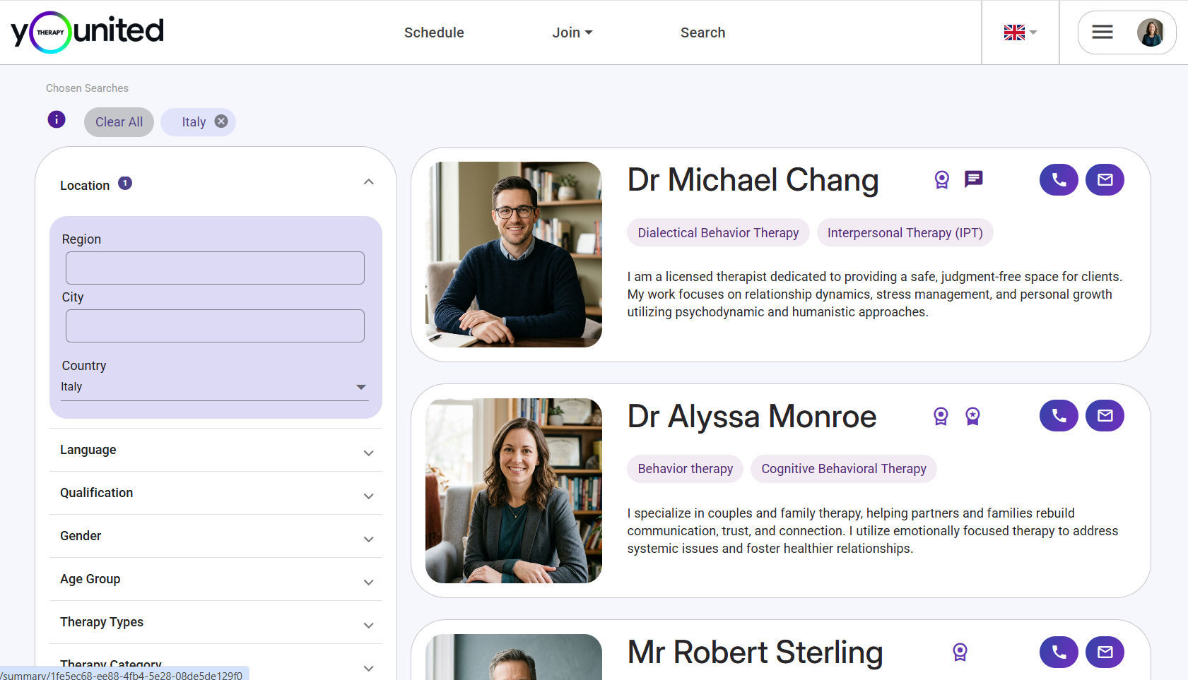 Search for therapists