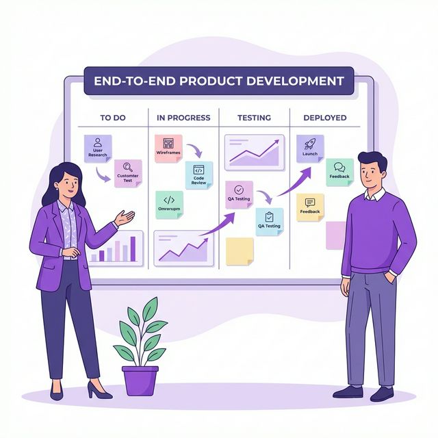 Team managing the full product lifecycle on a Kanban board